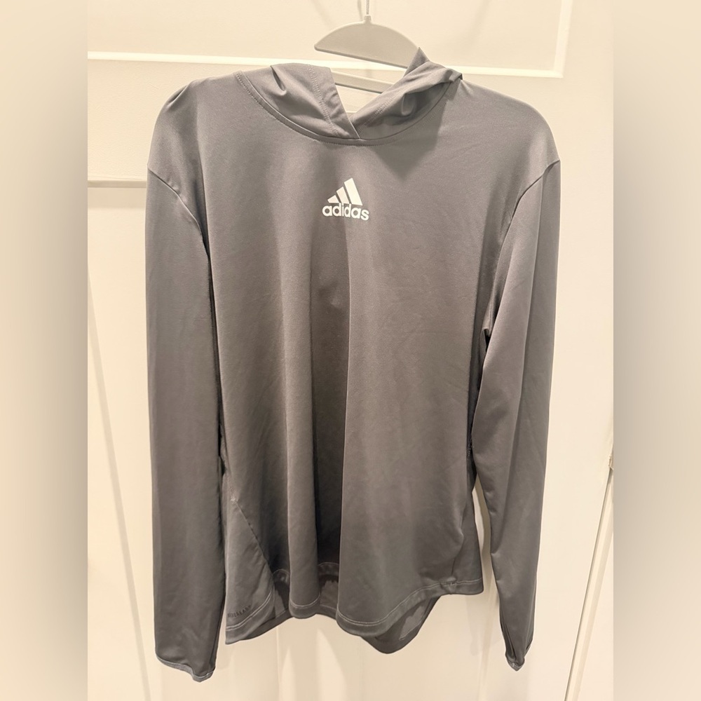 Adidas Gray Performance Hooded Long Sleeve Top Size Large Athletic Activewear